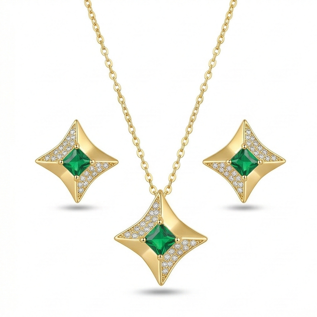 Luxe Collection - Four-Point Star Pendant Necklace And Earrings Set Yellow Gold Finish Statement Jewellery : AGCPS0203019