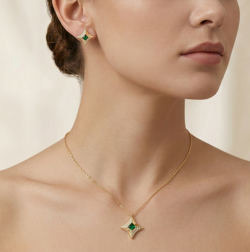 Luxe Collection - Four-Point Star Pendant Necklace And Earrings Set Yellow Gold Finish Statement Jewellery : AGCPS0203019