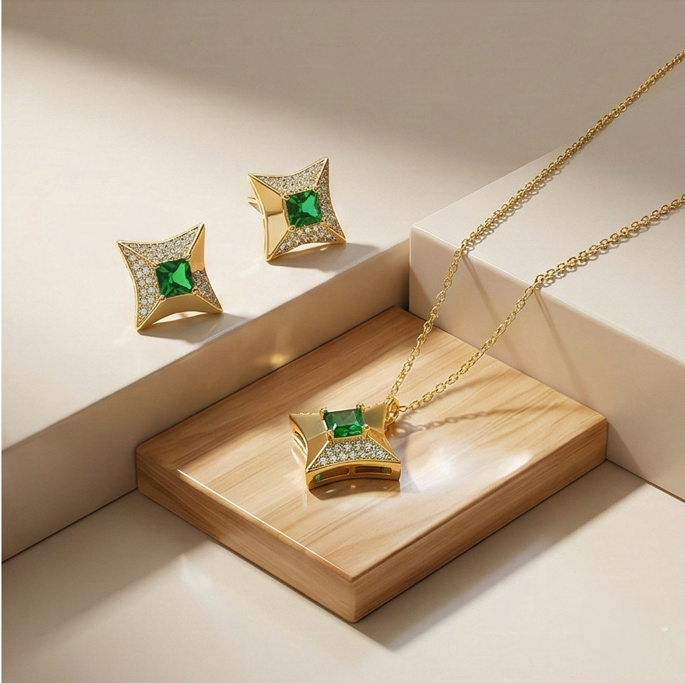 Luxe Collection - Four-Point Star Pendant Necklace And Earrings Set Yellow Gold Finish Statement Jewellery : AGCPS0203019