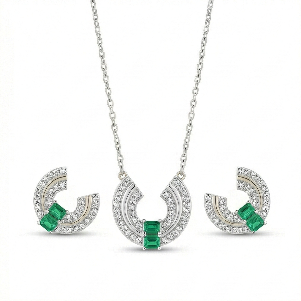 Luxe Collection - U-Shaped Geometric Necklace And Earrings Set In High Polish Finish - Premium 925 Silver Fine  : AGCPS0203024