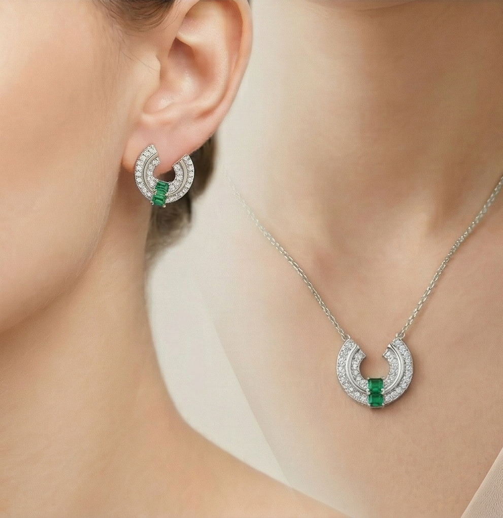 Luxe Collection - U-Shaped Geometric Necklace And Earrings Set In High Polish Finish - Premium 925 Silver Fine  : AGCPS0203024