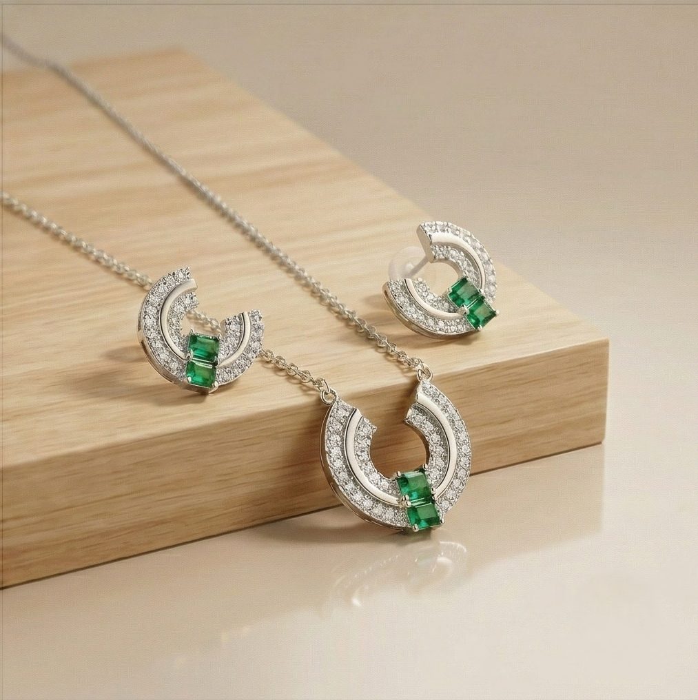 Luxe Collection - U-Shaped Geometric Necklace And Earrings Set In High Polish Finish - Premium 925 Silver Fine  : AGCPS0203024