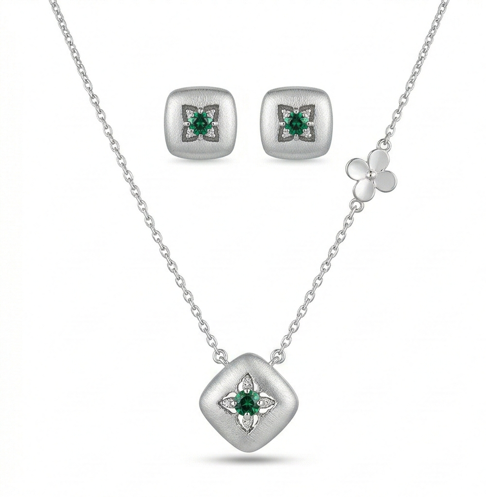 Luxe Collection - Cushion Floral Pendant Necklace And Stud Earrings Set Matte Finish - Premium 925 Silver Fine  : AGCPS0203025
