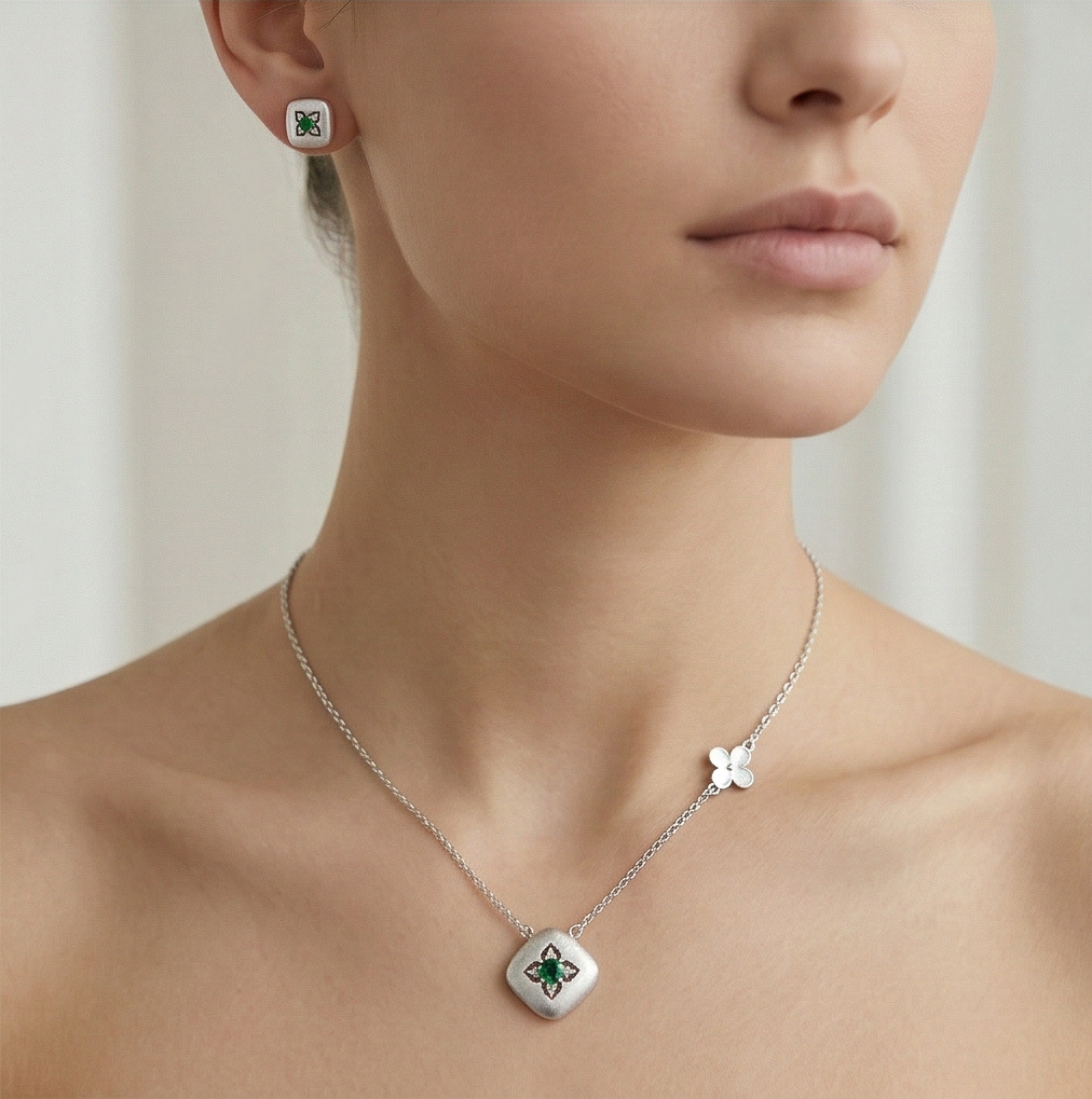 Luxe Collection - Cushion Floral Pendant Necklace And Stud Earrings Set Matte Finish - Premium 925 Silver Fine  : AGCPS0203025