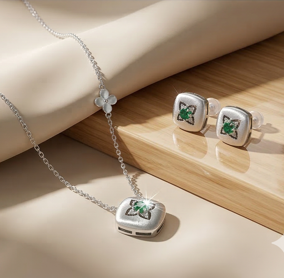 Luxe Collection - Cushion Floral Pendant Necklace And Stud Earrings Set Matte Finish - Premium 925 Silver Fine  : AGCPS0203025