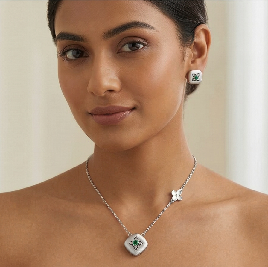 Luxe Collection - Cushion Floral Pendant Necklace And Stud Earrings Set Matte Finish - Premium 925 Silver Fine  : AGCPS0203025