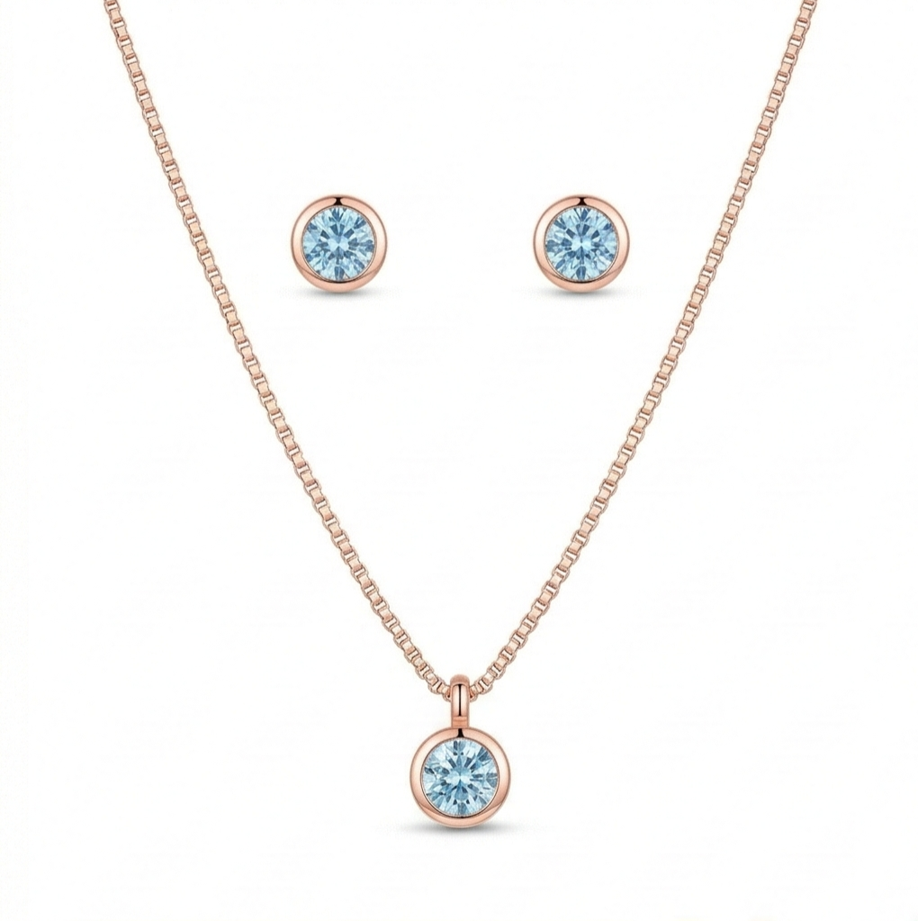 Luxe Collection - Bezel Set Round Pendant Necklace And Earrings Set Rose Gold Finish Everyday Jewellery : AGCPS0203026
