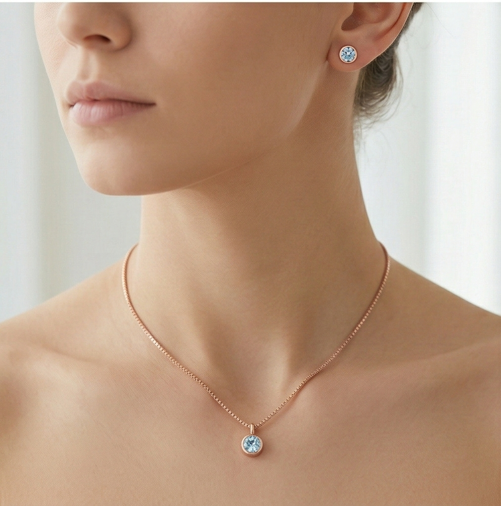 Luxe Collection - Bezel Set Round Pendant Necklace And Earrings Set Rose Gold Finish Everyday Jewellery : AGCPS0203026