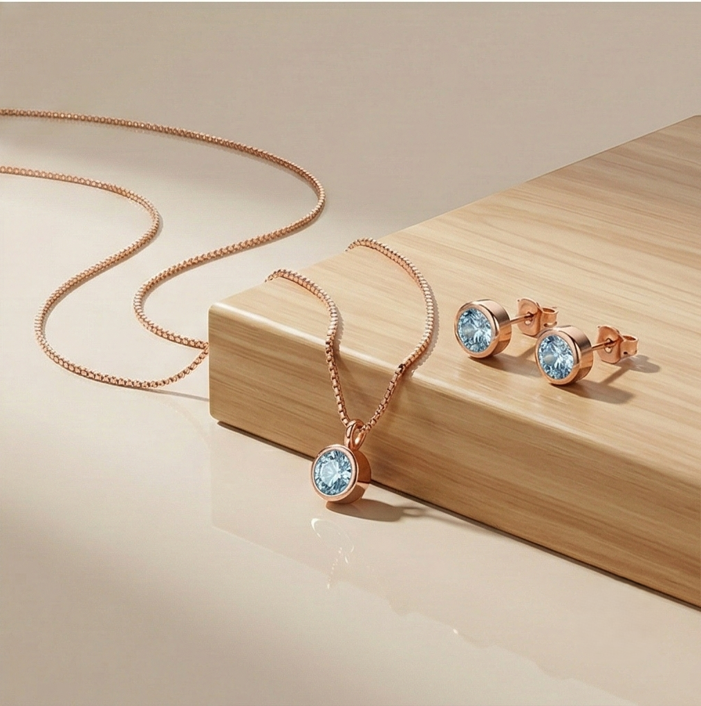 Luxe Collection - Bezel Set Round Pendant Necklace And Earrings Set Rose Gold Finish Everyday Jewellery : AGCPS0203026