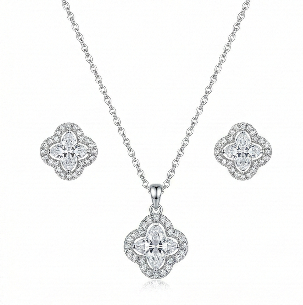 Luxe Collection - Quatrefoil Halo Pendant Necklace And Earrings Set High Polish Finish - Premium 925 Silver Fin : AGCPS0203027