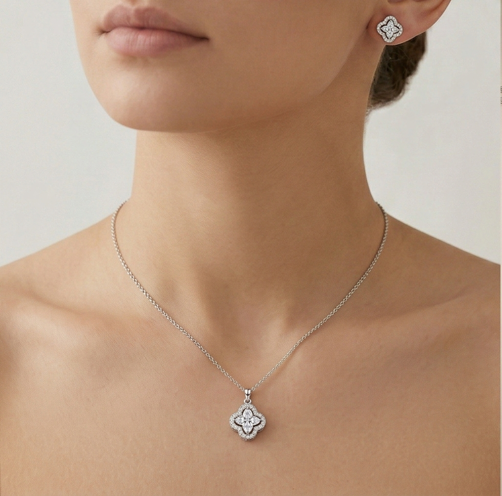 Luxe Collection - Quatrefoil Halo Pendant Necklace And Earrings Set High Polish Finish - Premium 925 Silver Fin : AGCPS0203027
