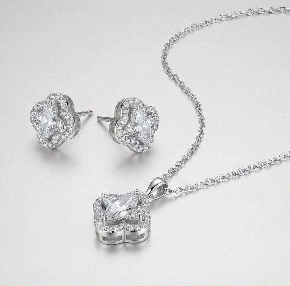Luxe Collection - Quatrefoil Halo Pendant Necklace And Earrings Set High Polish Finish - Premium 925 Silver Fin : AGCPS0203027