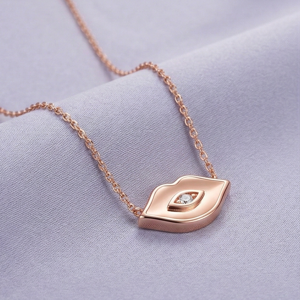 Luxe Collection - Rose Gold Plated Lips Evil Eye Necklace Quirky Jewellery : AGDk0203024-1