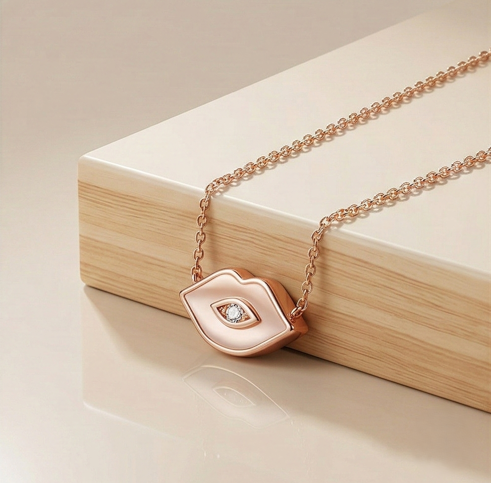 Luxe Collection - Rose Gold Plated Lips Evil Eye Necklace Quirky Jewellery : AGDk0203024-1