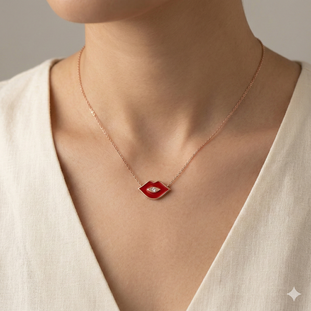 Luxe Collection - Rose Gold Plated Lips Evil Eye Necklace Quirky Jewellery : AGDk0203024