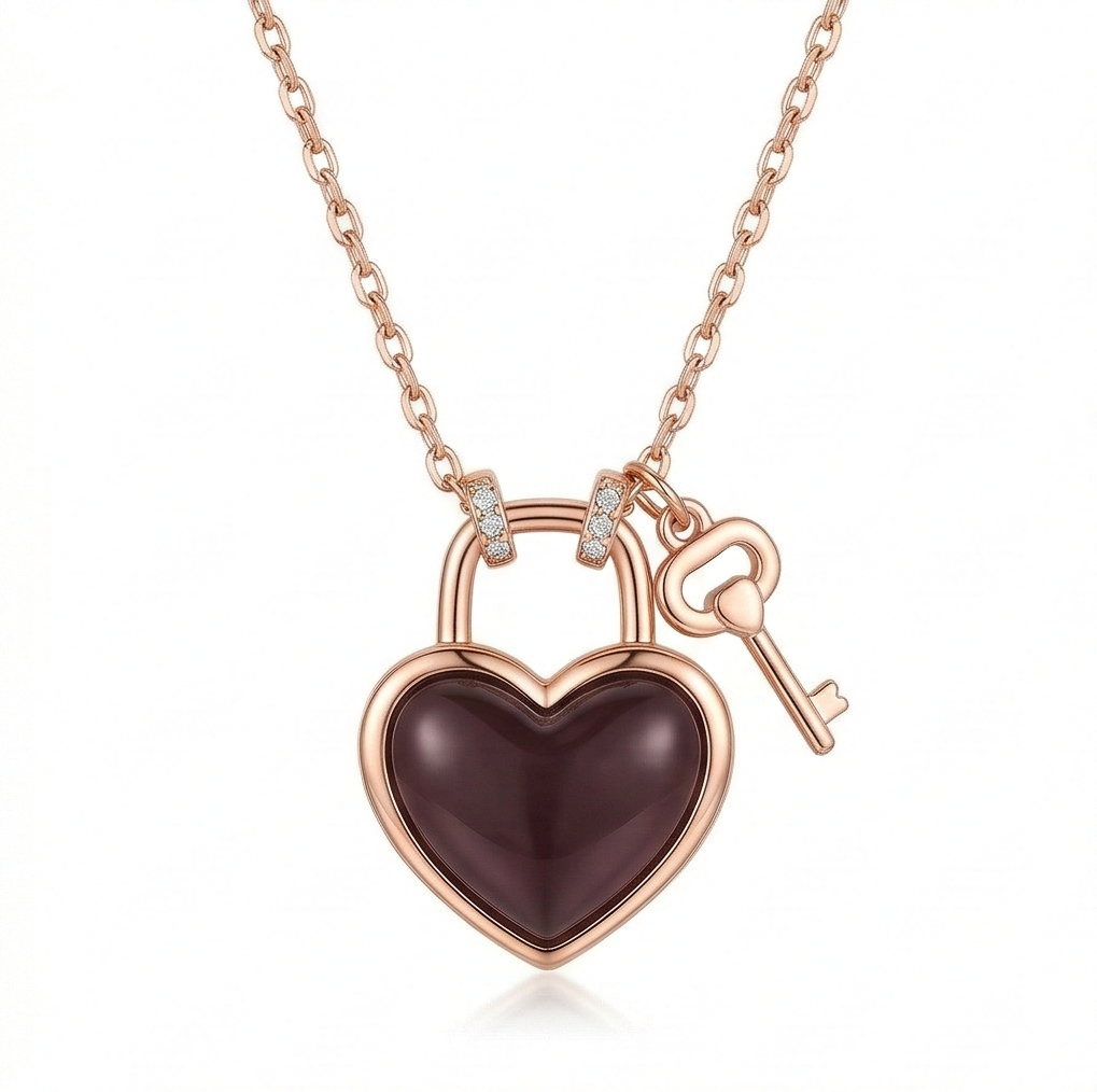 Luxe Collection - Rose Gold Plated Dark Heart Lock And Key Necklace Jewellery : AGDk0203027