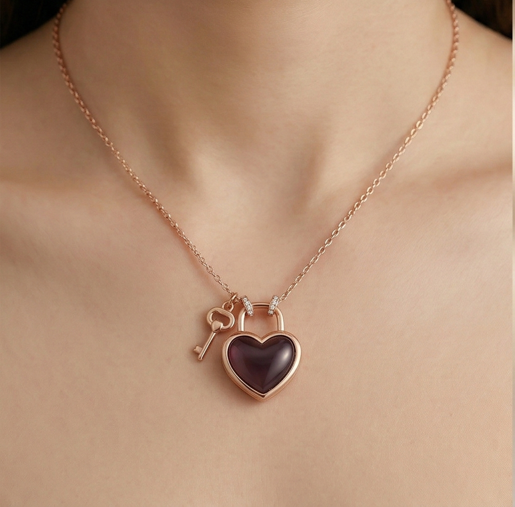 Luxe Collection - Rose Gold Plated Dark Heart Lock And Key Necklace Jewellery : AGDk0203027