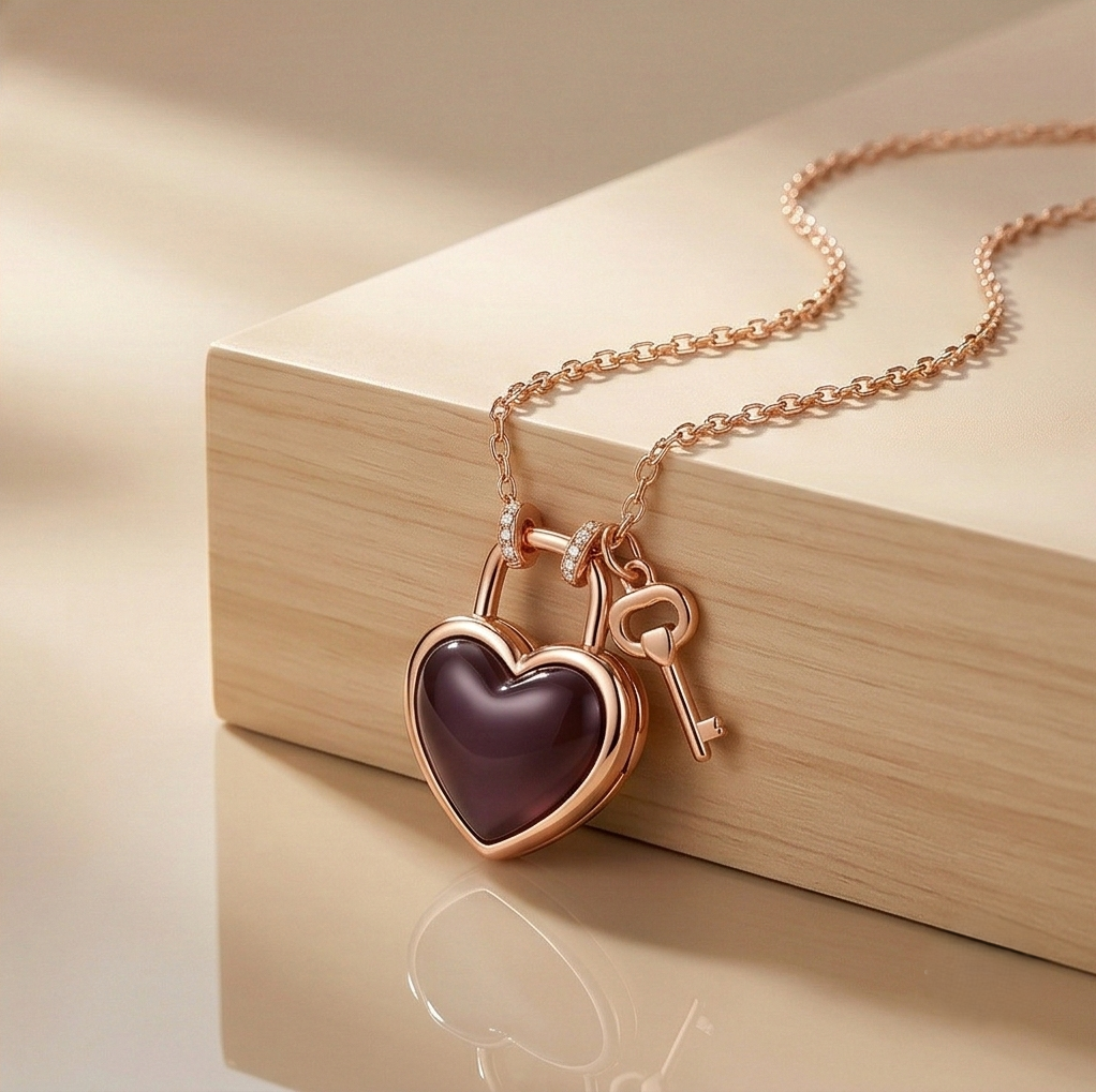 Luxe Collection - Rose Gold Plated Dark Heart Lock And Key Necklace Jewellery : AGDk0203027