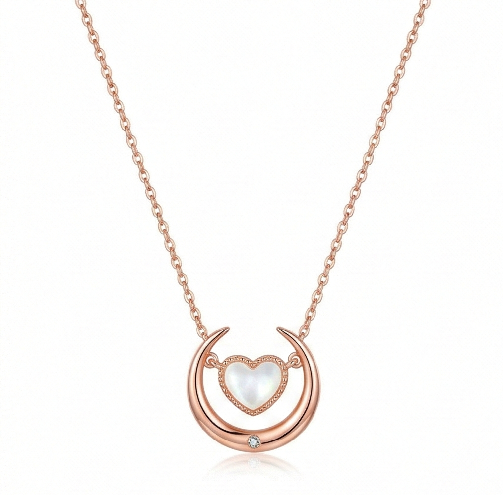 Luxe Collection - Crescent Moon And Heart Pearl Pendant Necklace Rose Gold Finish - Premium 925 Silver Fine Jewe : AGDk0203036