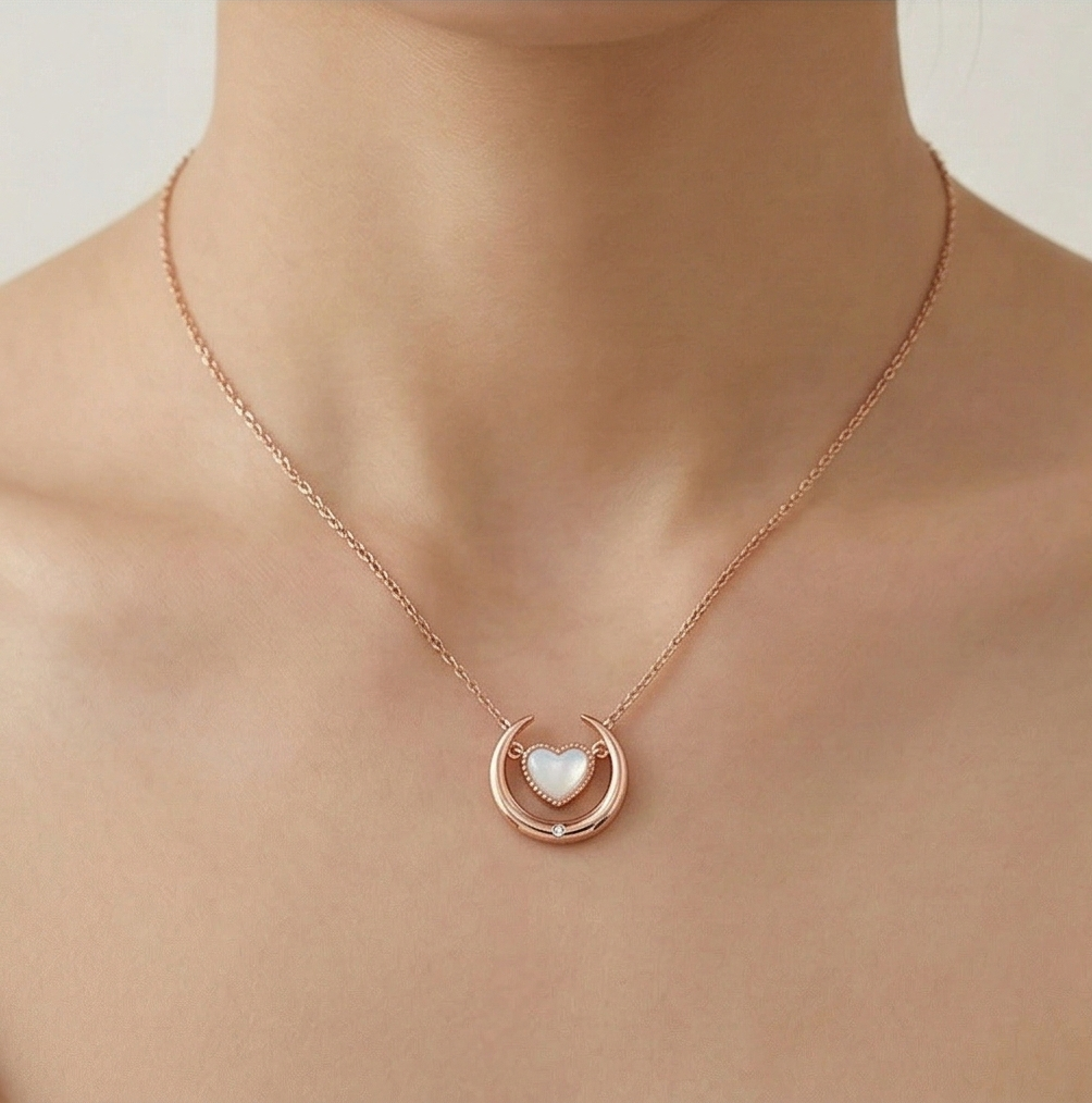 Luxe Collection - Crescent Moon And Heart Pearl Pendant Necklace Rose Gold Finish - Premium 925 Silver Fine Jewe : AGDk0203036