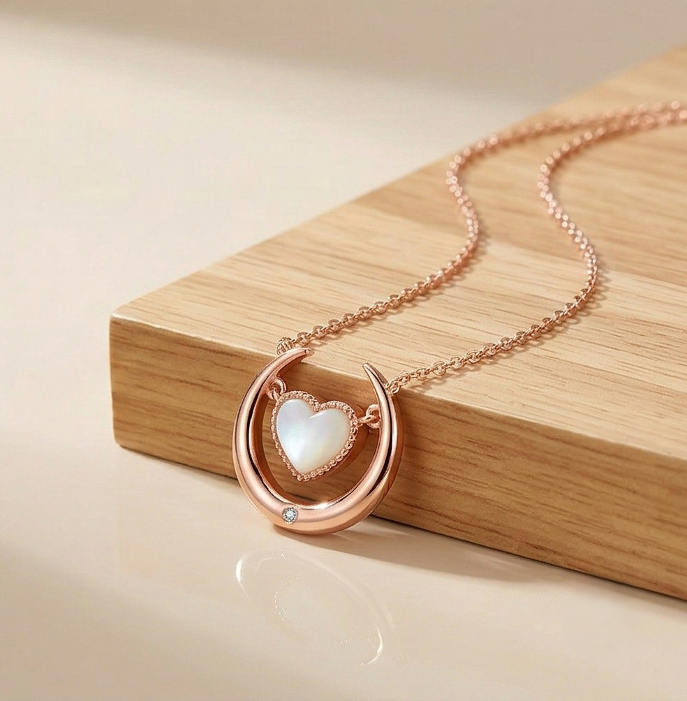 Luxe Collection - Crescent Moon And Heart Pearl Pendant Necklace Rose Gold Finish - Premium 925 Silver Fine Jewe : AGDk0203036