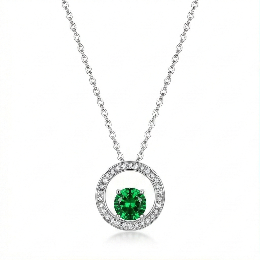 Luxe Collection - Green Halo Circle Pendant Necklace High Polish Rhodium Finish - Premium 925 Silver Fine Jewell : AGDk0203038