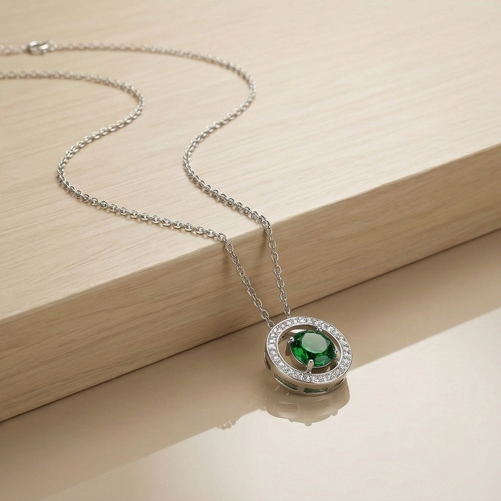 Luxe Collection - Green Halo Circle Pendant Necklace High Polish Rhodium Finish - Premium 925 Silver Fine Jewell : AGDk0203038