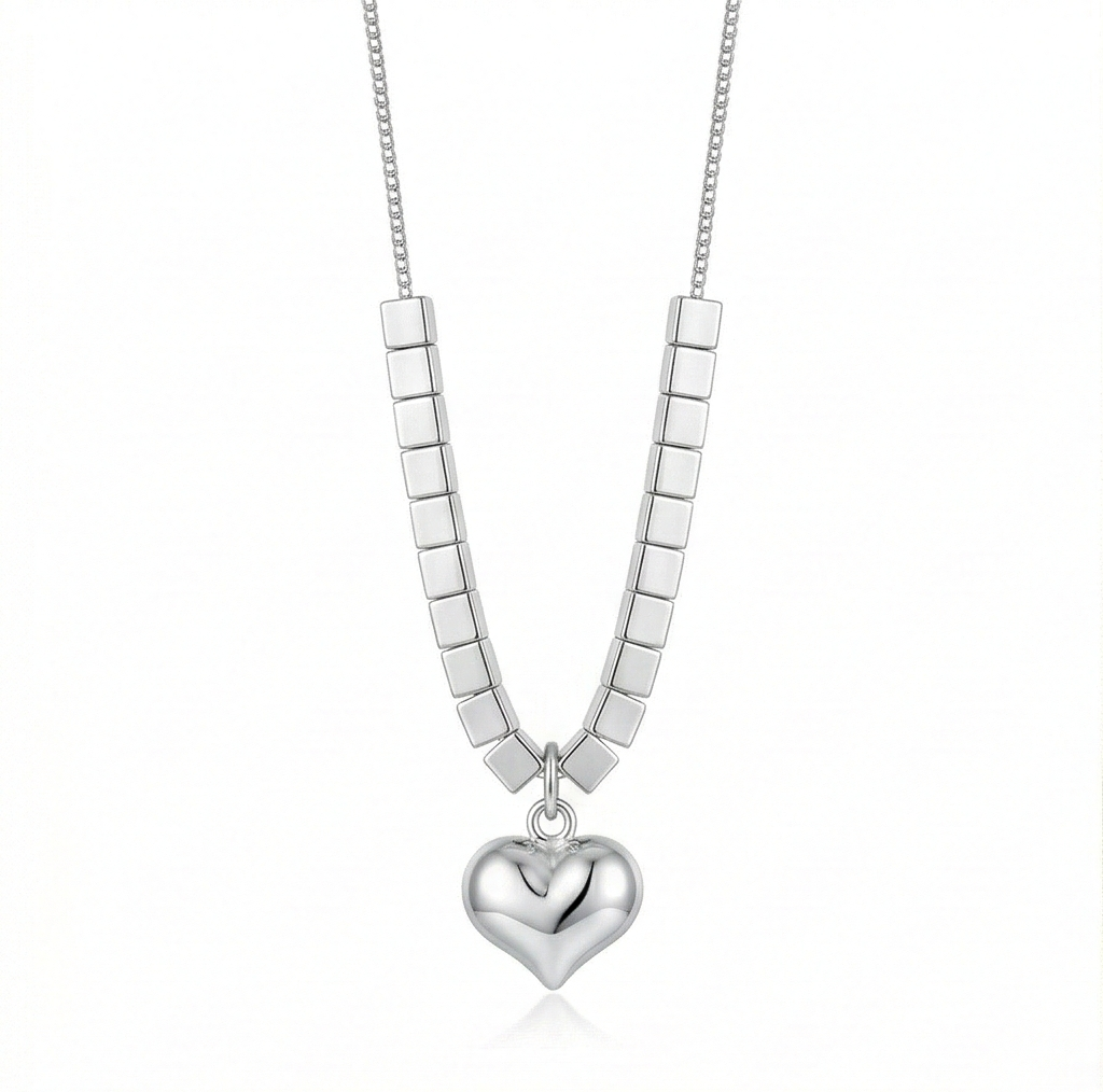 Luxe Collection - Puffed Heart Cube Link Pendant Necklace High Polish Rhodium Finish - Premium 925 Silver Fine J : AGDk0203056