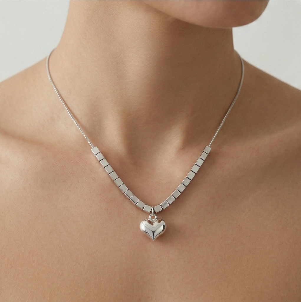 Luxe Collection - Puffed Heart Cube Link Pendant Necklace High Polish Rhodium Finish - Premium 925 Silver Fine J : AGDk0203056