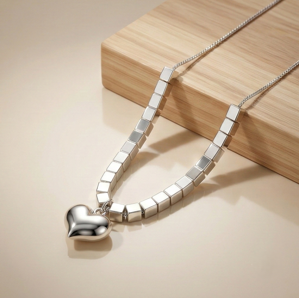 Luxe Collection - Puffed Heart Cube Link Pendant Necklace High Polish Rhodium Finish - Premium 925 Silver Fine J : AGDk0203056