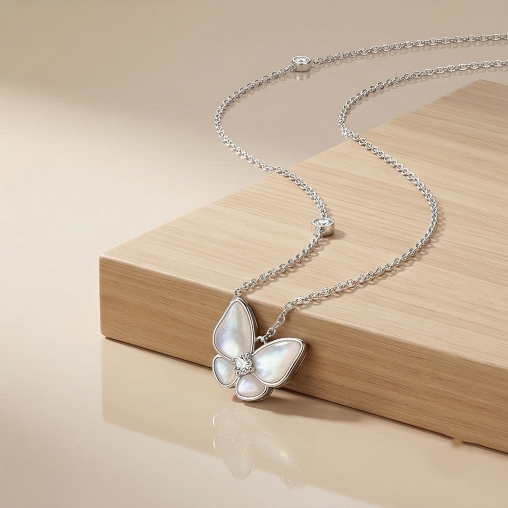 Luxe Collection - Delicate Butterfly Pendant Necklace High Polish Rhodium - Premium 925 Silver Fine Jewellery : AGDk0203057