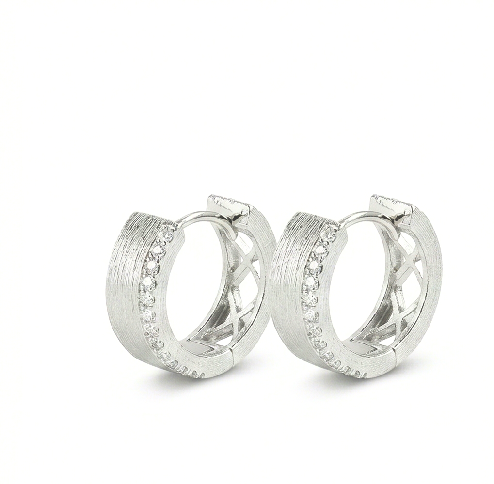 Luxe Collection - Brushed Cut-Out Lattice Hoop Earrings High Polish Rhodium Finish - Premium 925 Silver Fine Jew : AGER0203011