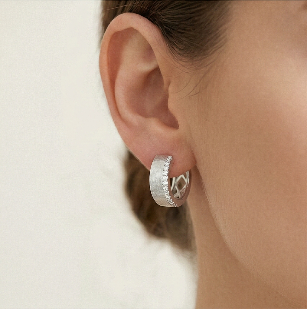Luxe Collection - Brushed Cut-Out Lattice Hoop Earrings High Polish Rhodium Finish - Premium 925 Silver Fine Jew : AGER0203011