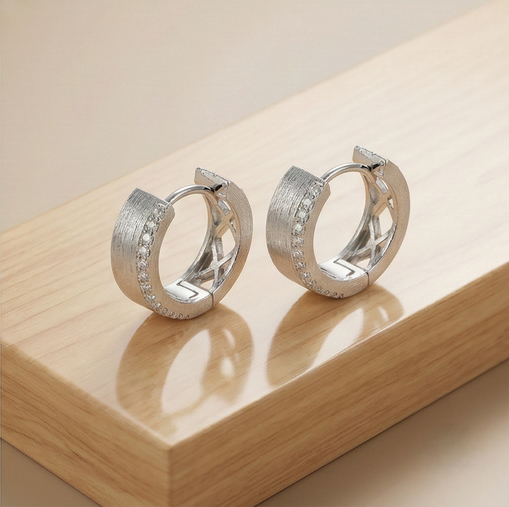 Luxe Collection - Brushed Cut-Out Lattice Hoop Earrings High Polish Rhodium Finish - Premium 925 Silver Fine Jew : AGER0203011