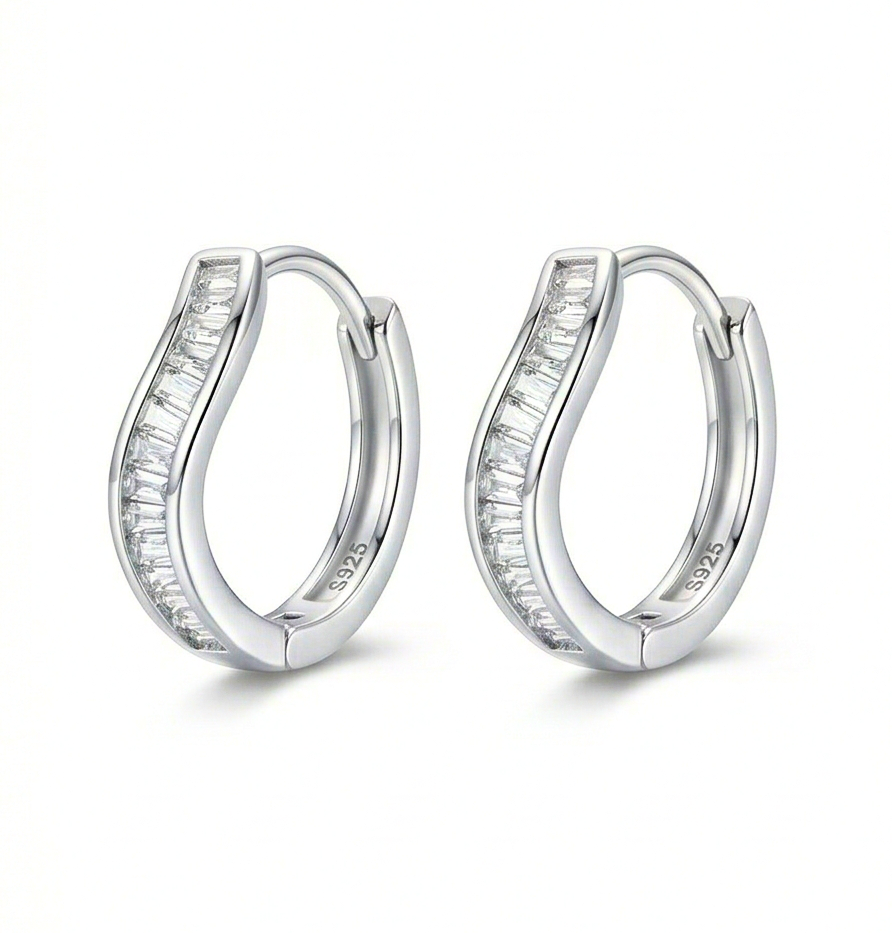 Luxe Collection - High Polish Rhodium Wavy Baguette Huggie Hoop Earrings Modern Minimalist Jewellery : AGER0203022-243