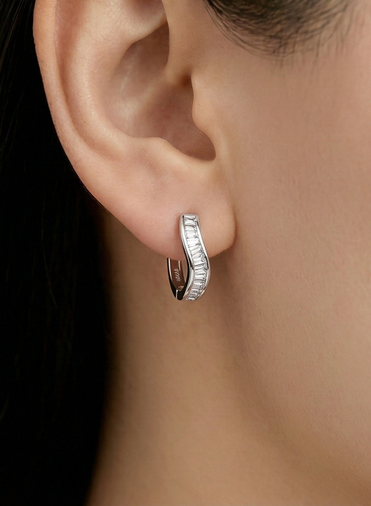 Luxe Collection - High Polish Rhodium Wavy Baguette Huggie Hoop Earrings Modern Minimalist Jewellery : AGER0203022-243