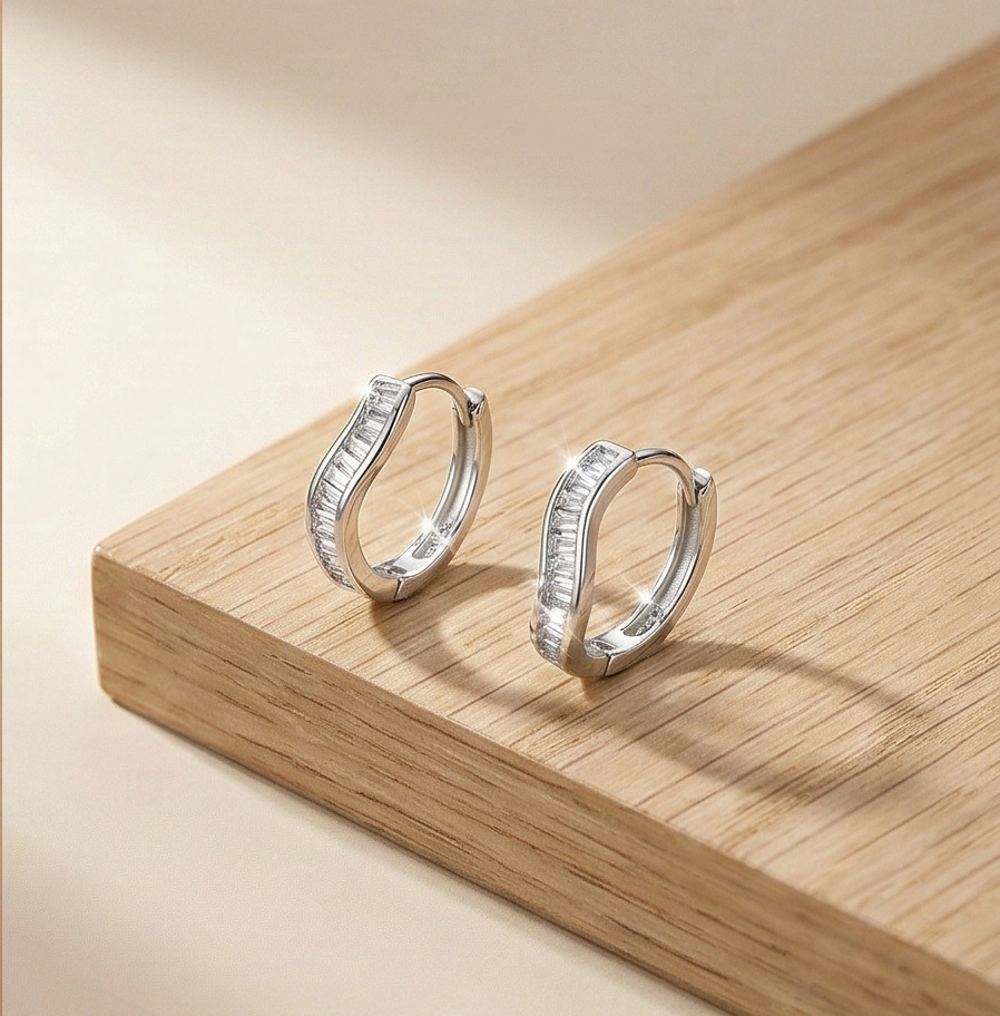 Luxe Collection - High Polish Rhodium Wavy Baguette Huggie Hoop Earrings Modern Minimalist Jewellery : AGER0203022-243