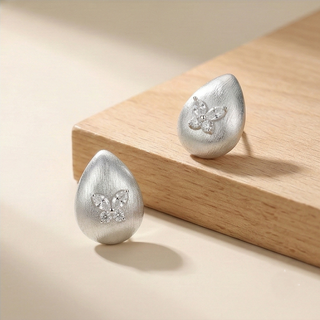 Luxe Collection - Brushed Teardrop Butterfly Stud Earrings Matte Finish Luxe Jewellery For Women : AGER0203074