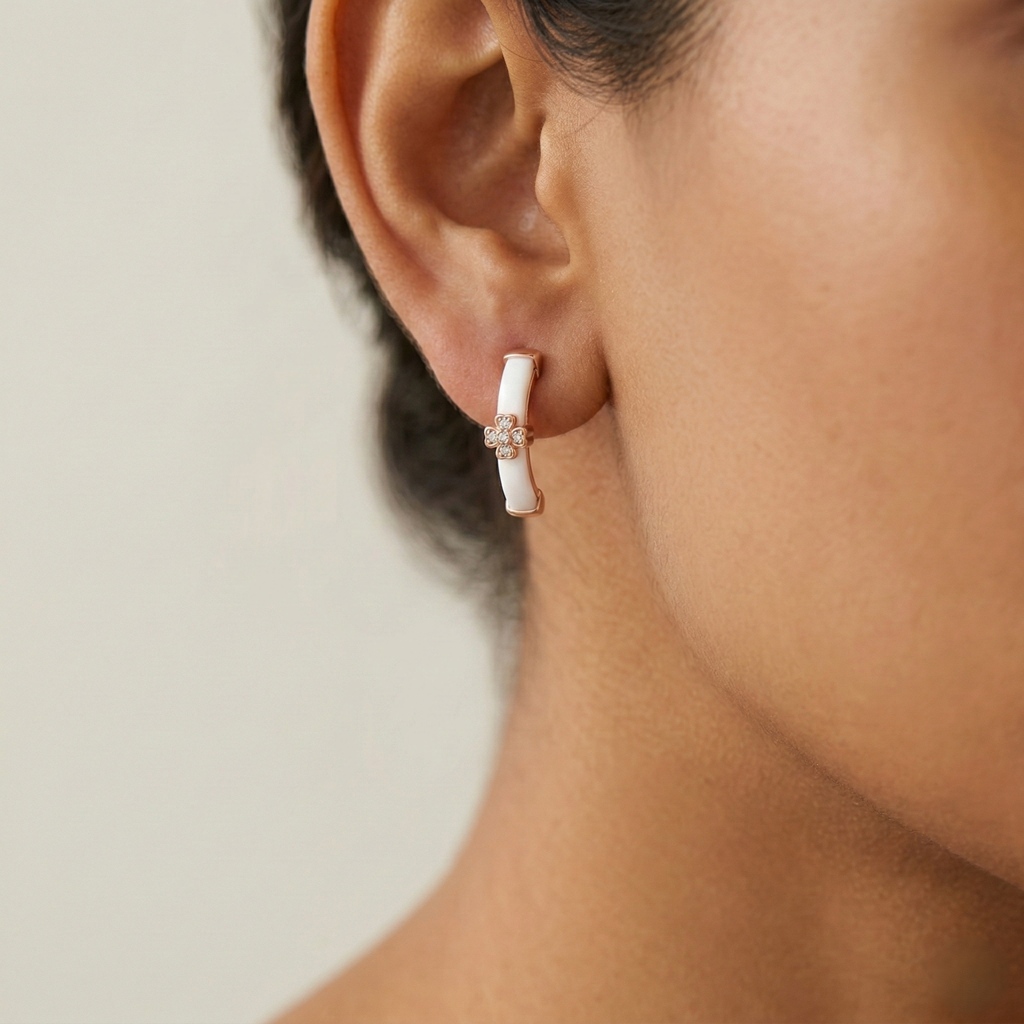 Luxe Collection - Rose Gold Plated Clover Enamel Curved Stud Earrings Jewellery For Women : AGER0203111