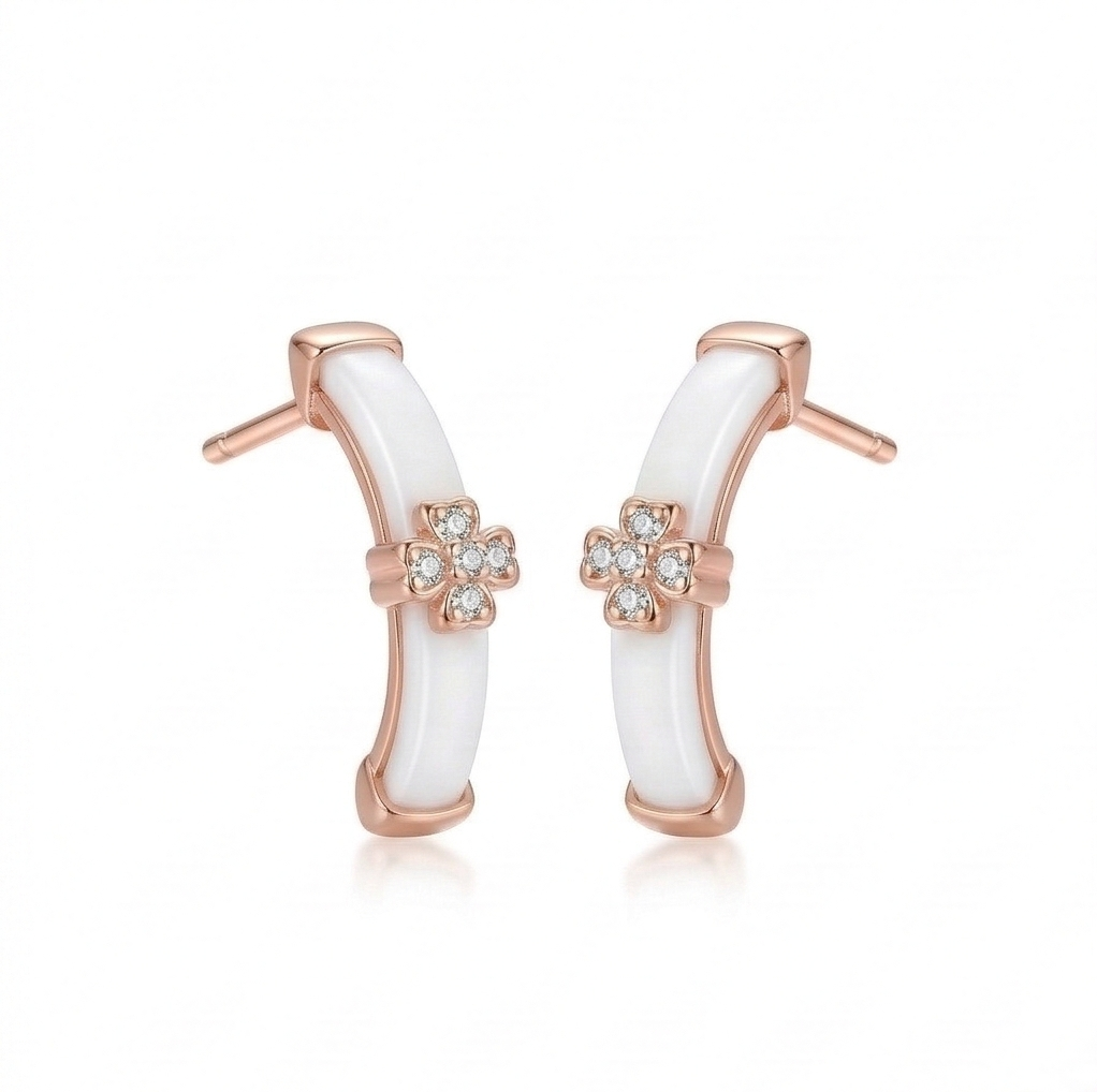 Luxe Collection - Rose Gold Plated Clover Enamel Curved Stud Earrings Jewellery For Women : AGER0203111
