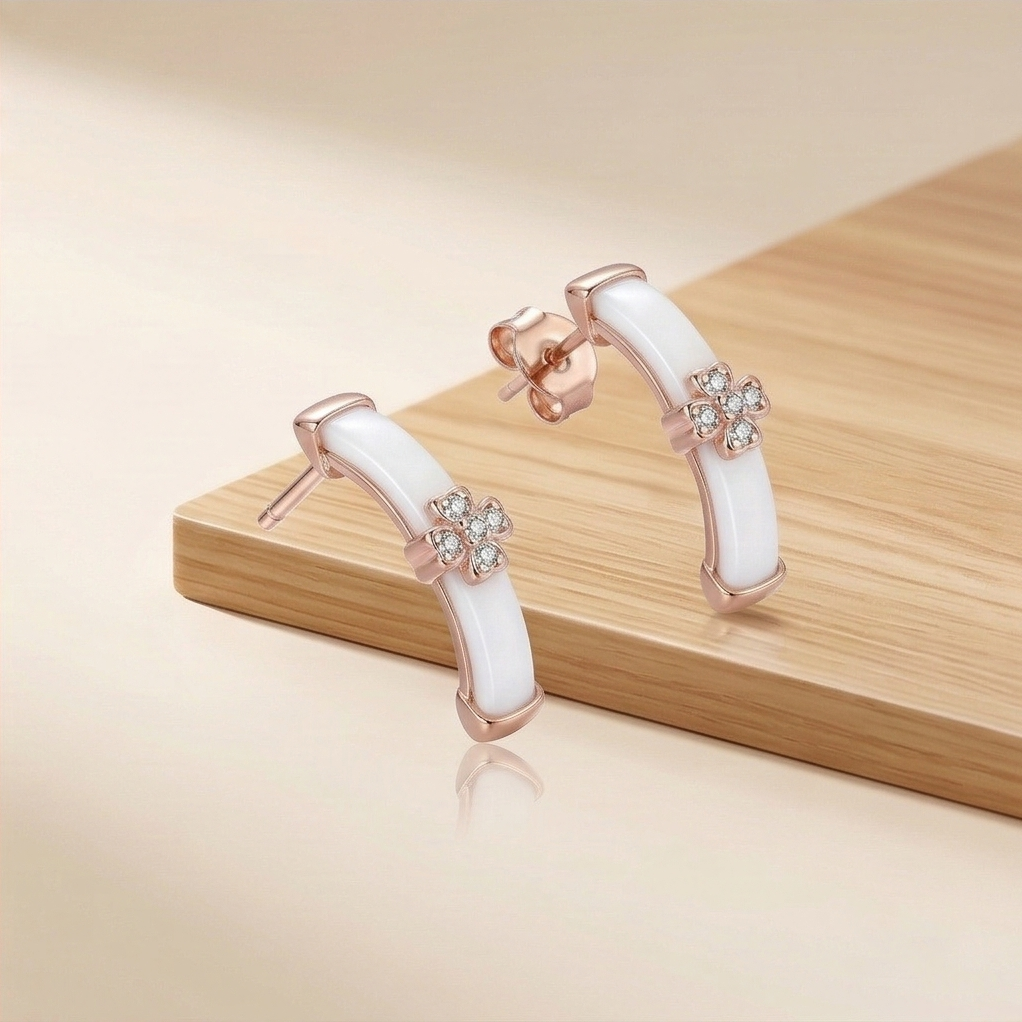 Luxe Collection - Rose Gold Plated Clover Enamel Curved Stud Earrings Jewellery For Women : AGER0203111