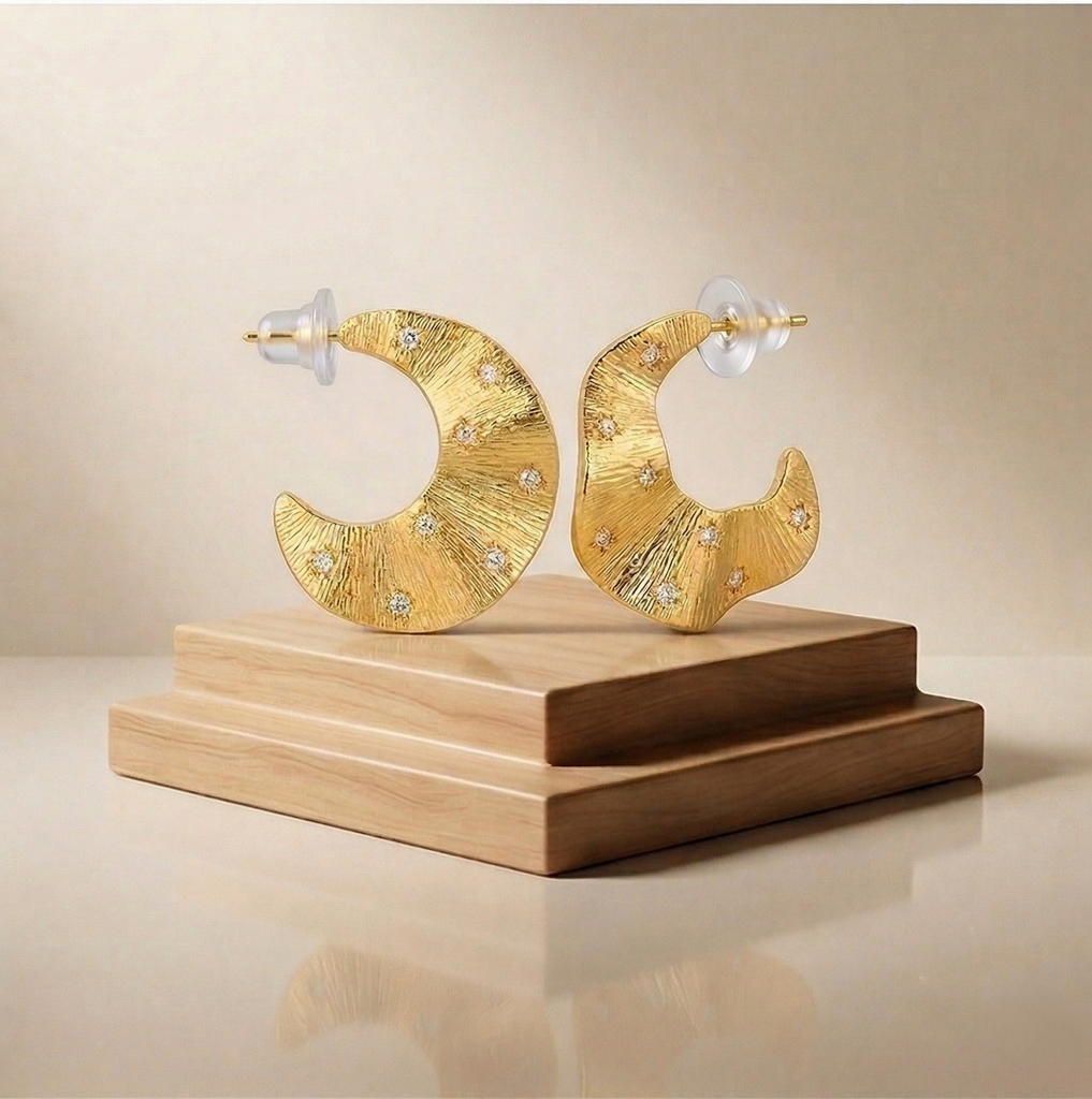 Luxe Collection - Gold Plated Textured Crescent Moon Earrings Bohemian Jewellery : AGER0203112