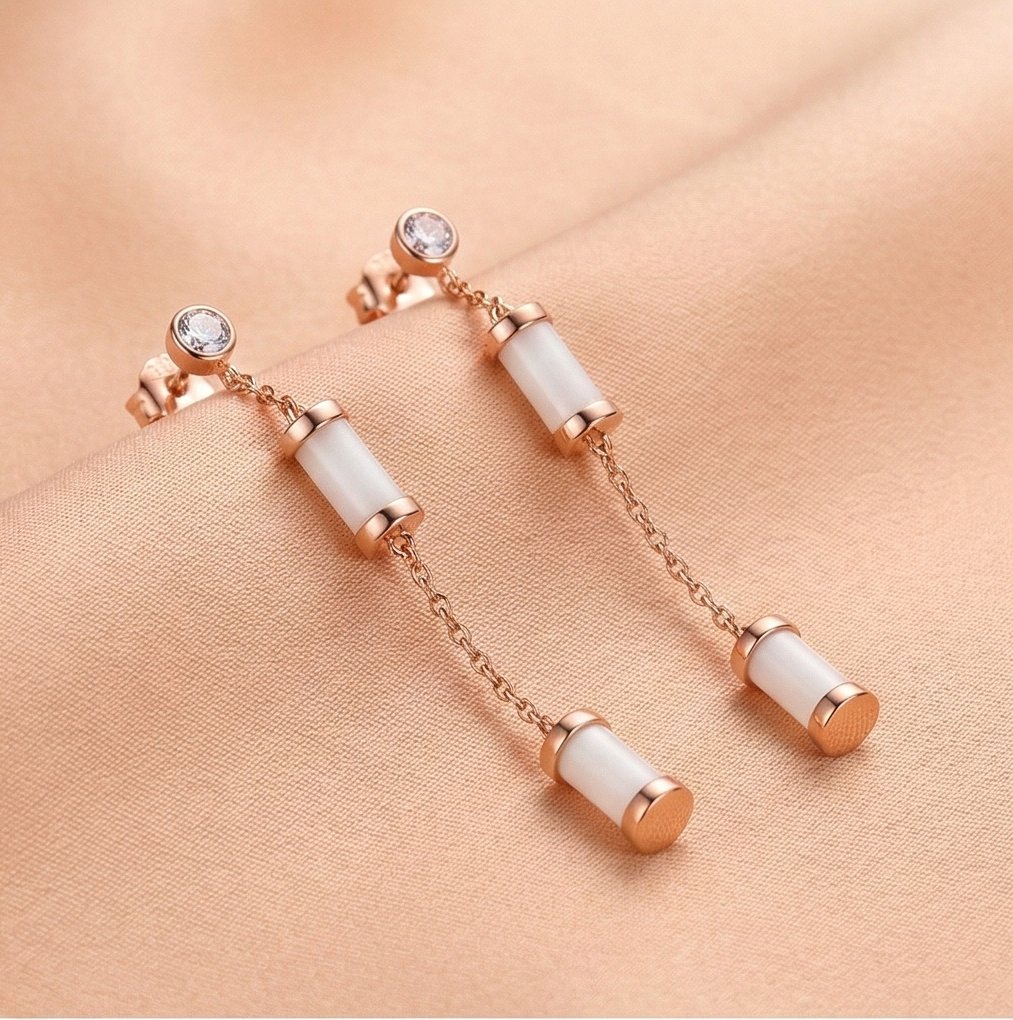 Luxe Collection - Long Chain Cylinder Dangle Earrings High Polish Rose Gold Finish Jewellery For Women : AGER0203148-1