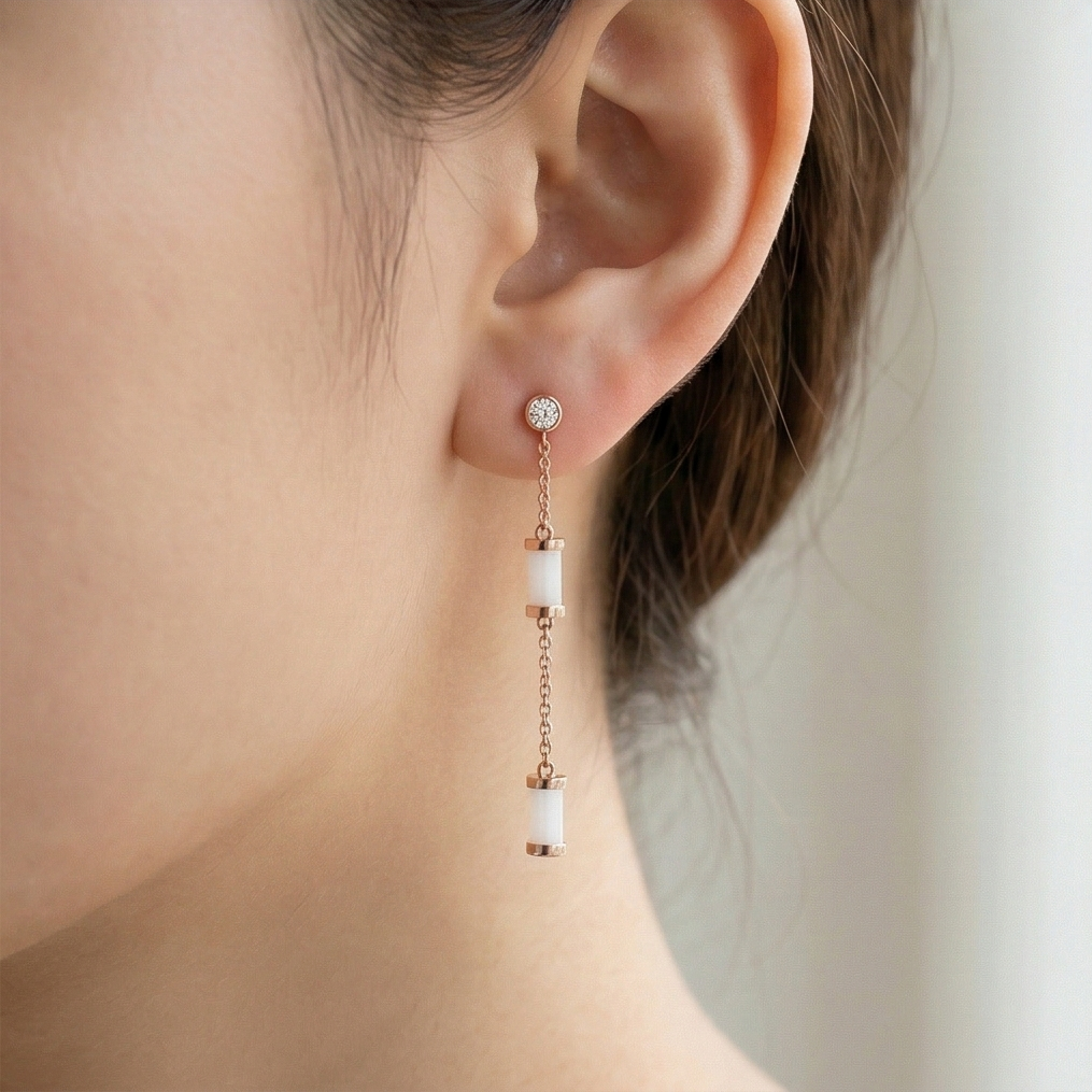 Luxe Collection - Long Chain Cylinder Dangle Earrings High Polish Rose Gold Finish Jewellery For Women : AGER0203148-1