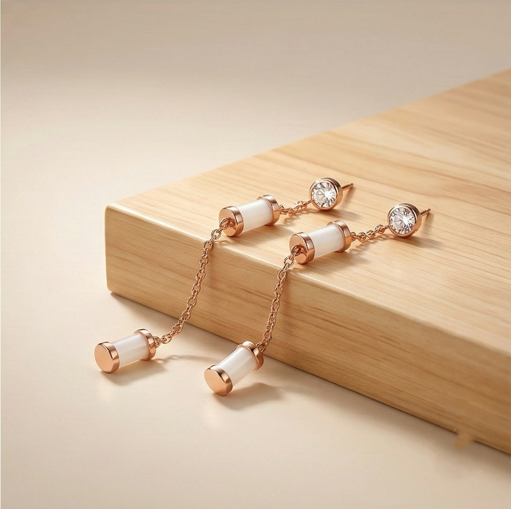 Luxe Collection - Long Chain Cylinder Dangle Earrings High Polish Rose Gold Finish Jewellery For Women : AGER0203148-1