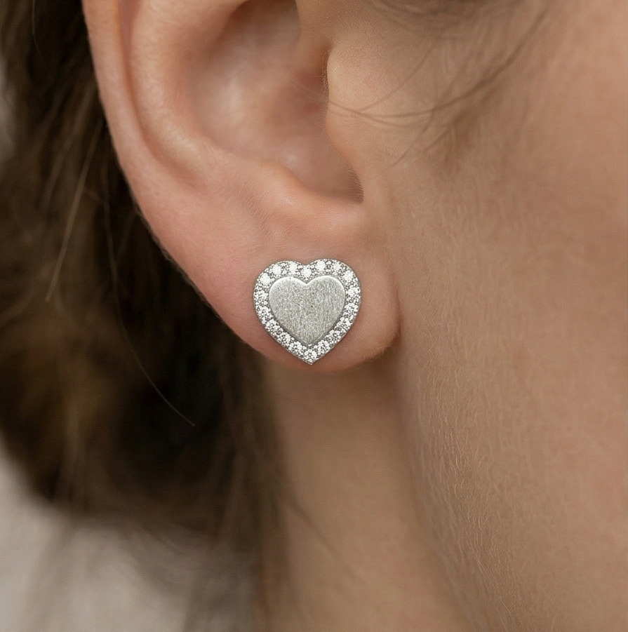 Luxe Collection - Frosted Heart Halo Stud Earrings High Polish Rhodium Finish Jewellery For Women : AGER0203162