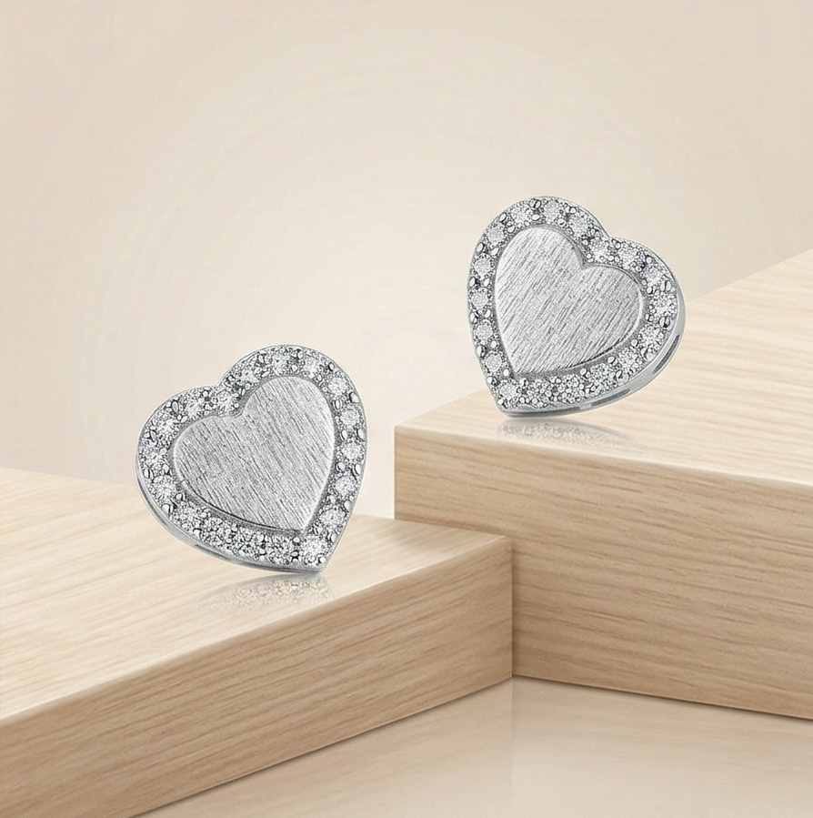 Luxe Collection - Frosted Heart Halo Stud Earrings High Polish Rhodium Finish Jewellery For Women : AGER0203162