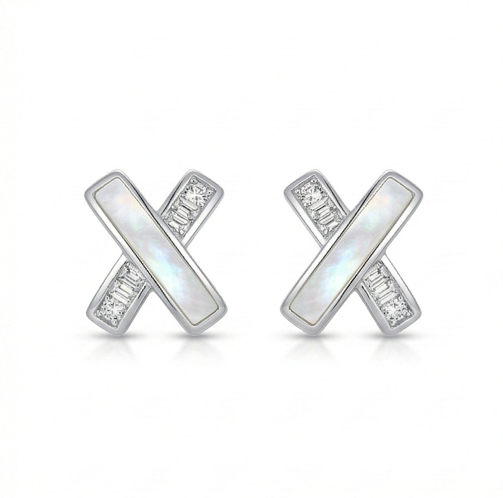 Luxe Collection - Criss Cross Mother Of Pearl Stud Earrings High Polish Rhodium Finish Jewellery For Women : AGER0203183