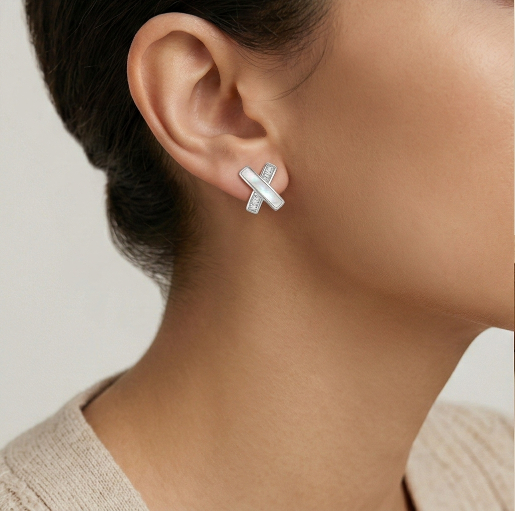 Luxe Collection - Criss Cross Mother Of Pearl Stud Earrings High Polish Rhodium Finish Jewellery For Women : AGER0203183
