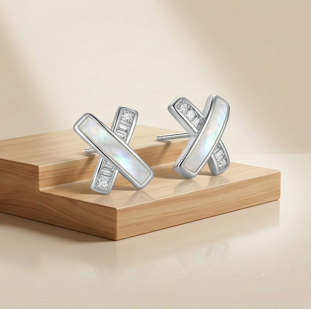 Luxe Collection - Criss Cross Mother Of Pearl Stud Earrings High Polish Rhodium Finish Jewellery For Women : AGER0203183